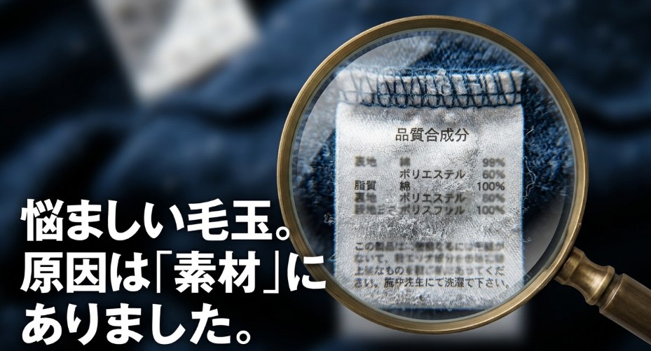 品質表示タグの画像と毛玉の原因が素材にあることを解説