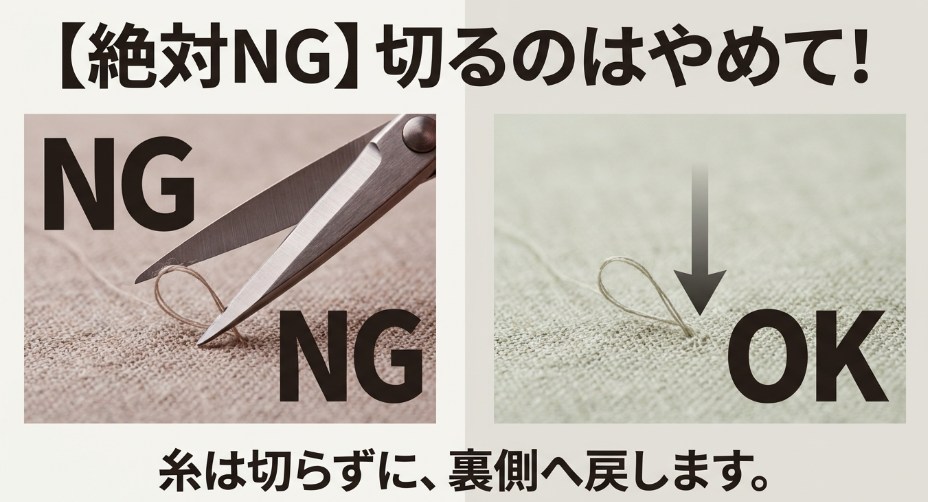 ほつれた糸をハサミで切るのはNG行動です。糸は切らずに裏側へ戻すのが正しい直し方です。
