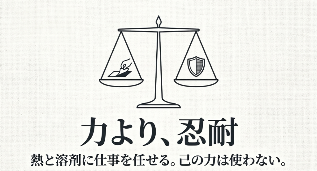 力より、忍耐。熱と溶剤に仕事を任せる。己の力は使わないことを示す天秤のイラスト