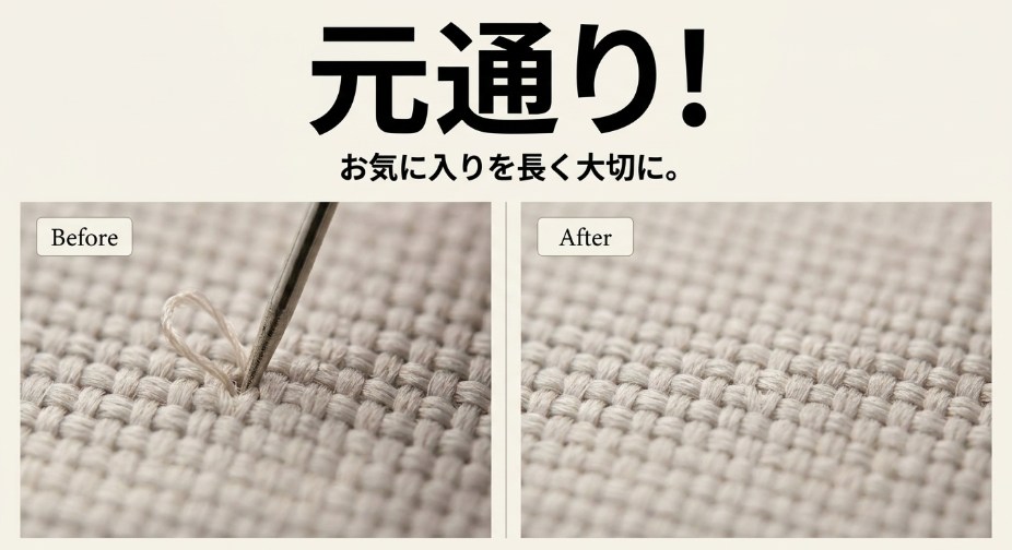 ほつれ補修針を使った修復のBeforeとAfter。飛び出た糸が綺麗に隠れ、お気に入りの服が元通りになります。