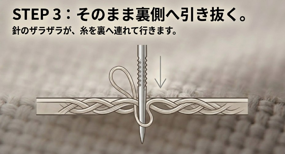STEP3:そのまま裏側へ針を引き抜きます。針のザラザラ部分が糸を絡め取り、裏側へ連れて行きます。