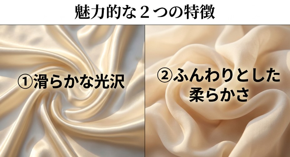レーヨンの魅力的な特徴である滑らかな光沢とふんわりとした柔らかさを説明するスライド画像