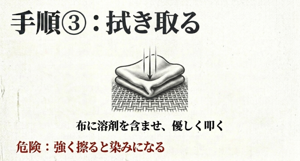 手順3：拭き取る。布に溶剤を含ませ、優しく叩く。強く擦るとインクが染みになる危険がある