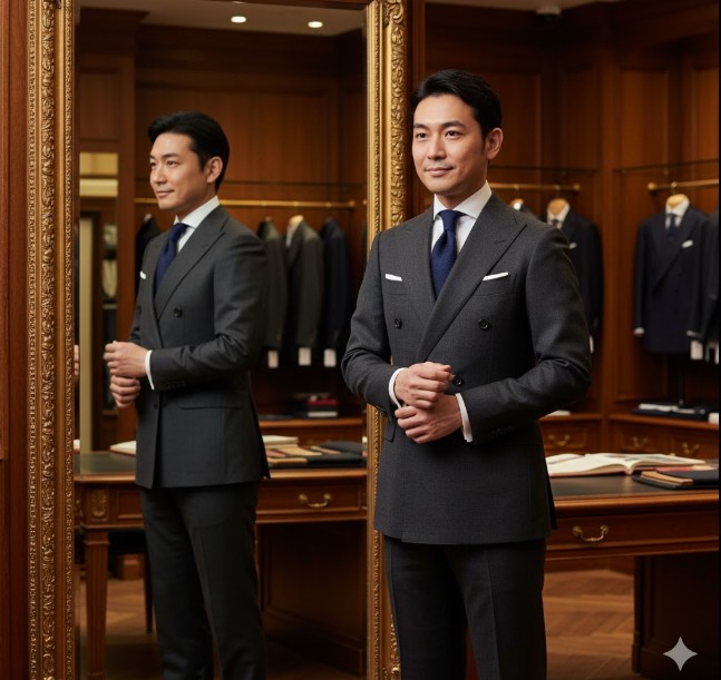 完璧に仕立てられたアルマーニのオーダースーツを着用し、鏡の前で満足そうに確認する日本人男性