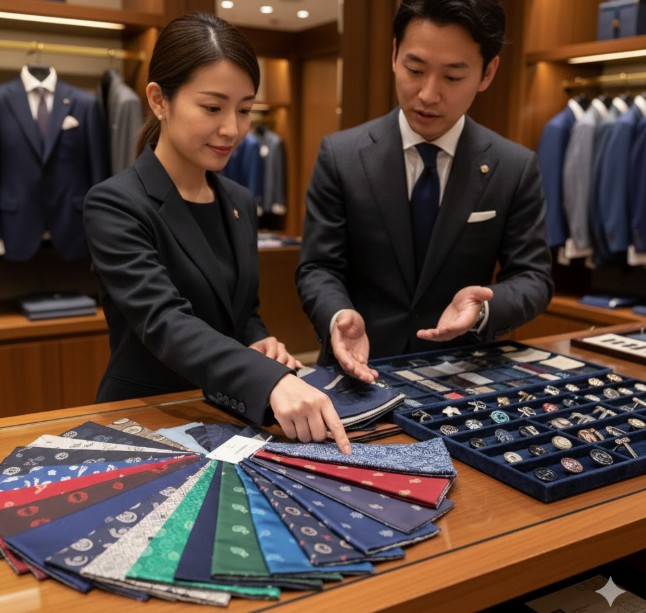 オーダースーツ用の色鮮やかな裏地サンプルと高級ボタンが並べられたカウンター