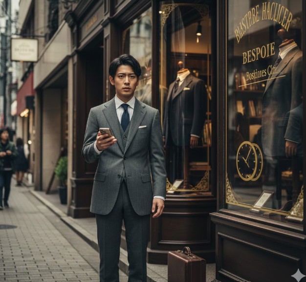 街角のオーダーメイドスーツ店の前で、スマートフォンを手に立ち止まる日本の若いビジネスマン。伝統的なスーツ店への入りにくさを感じつつも、オーダースーツに興味を持っている様子。