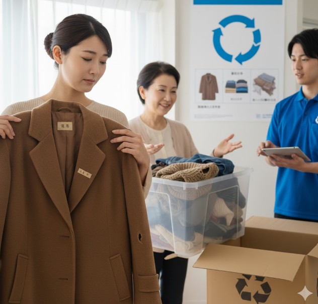 古いデザインでネーム刺繍が入ったカシミヤコートを持ち、買取可能か不安な表情を浮かべる日本人女性。