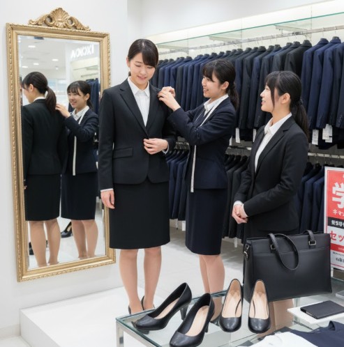 スーツ専門店で店員が女子学生にリクルートスーツのサイズを採寸している。学割のポップが見え、周辺にはネイビーやブラックのスーツが豊富に陳列されている。