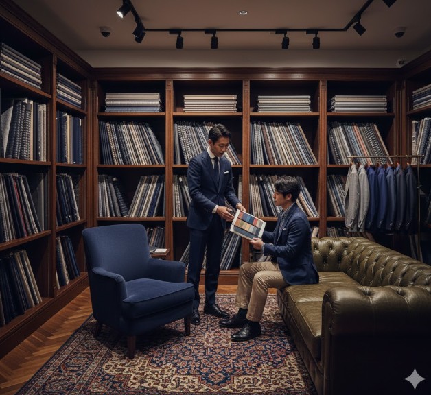 ポールスミス銀座店や大阪店をイメージさせる、高級感があり洗練されたスーツオーダー専用エリアの内装。
