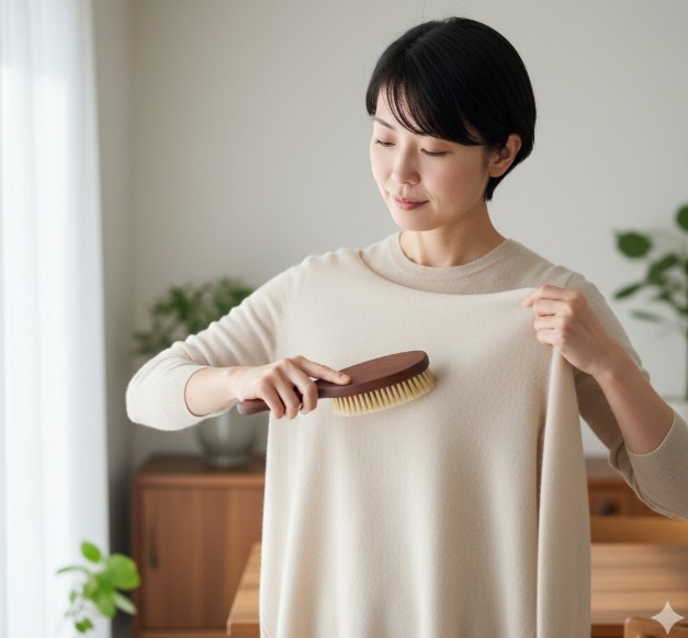 明るいリビングで、カシミヤのセーターを片手で軽く押さえながら、木製の馬毛ブラシを優しく撫でるようにブラッシングしている日本人女性。ブラシの持ち方と生地への当て方が丁寧で、正しいケアの様子がうかがえる。