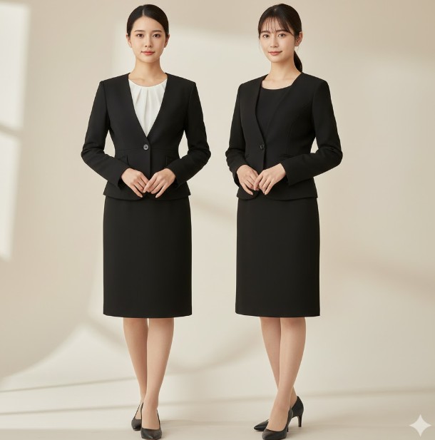 1つボタンと2つボタンの黒い就活スーツを着用した女性二人。左は白いブラウス、右は黒いインナーを着用し、それぞれのスタイルで異なる印象を与えている。