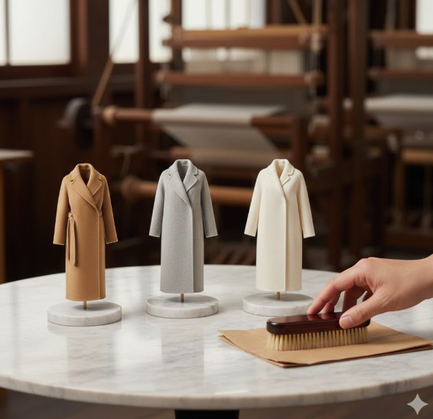 深喜毛織のような日本の織物工場の作業台で、ミニチュアのコートとブラッシング用ブラシを置いている様子。