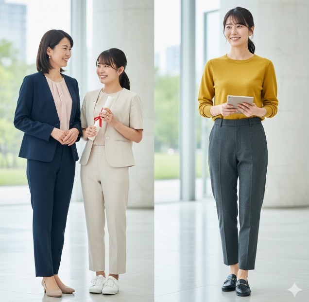 左側はネイビーとベージュのセレモニースーツを着た日本人女性2人、右側は黄色のセーターとグレーのテーパードパンツでオフィスカジュアルを楽しむ日本人女性。いずれもアンクル丈やクロップド丈のパンツを着用し、明るい屋内で立つ。