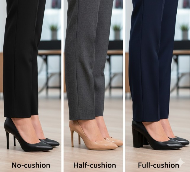 レディーススーツのパンツ丈における「クッション」の概念を示す3つの比較画像。左から「ノークッション」「ハーフクッション」「フルクッション」と記され、それぞれ靴の甲にかかるパンツの裾のたわみ具合が異なる。