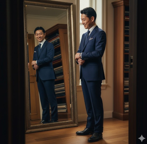 オーダーメイドで仕立てた完璧なフィット感のスーツを着用し、鏡の前で満足そうにシルエットを確認する日本人男性。