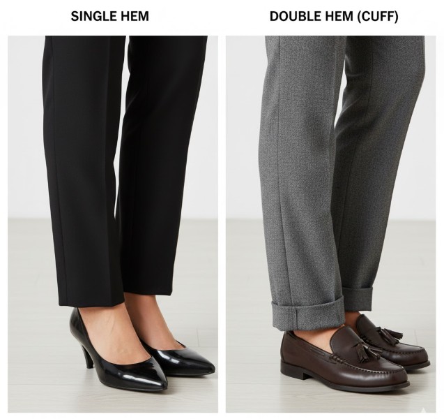 スーツパンツの裾上げ「シングル」と「ダブル（カフ）」の比較画像。左側は黒いパンツのシングル裾でパンプスを履いた足元、「SINGLE HEM」の表示。右側はグレーのパンツのダブル裾（カフ）でローファーを履いた足元、「DOUBLE HEM (CUFF)」の表示。