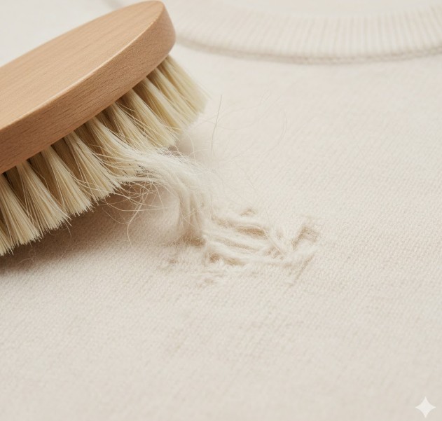 白いカシミヤのニットにできた毛玉を、豚毛の洋服ブラシで強く擦った結果、繊維が傷んで毛羽立ちがひどくなり、生地が薄くなっている様子をクローズアップした画像。