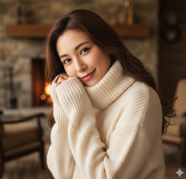 カシミヤタッチ素材のタートルネックセーターを着用し、肌触りの良さに満足しているアジア人女性のポートレート。敏感肌でも快適なチクチクしないニット。