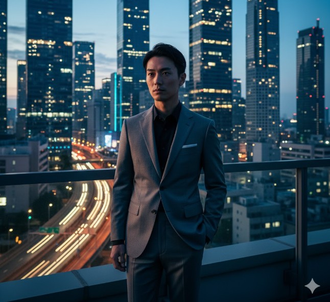 都市の夜景を背景にしたエンポリオ・アルマーニのモダンでシャープなスーツ