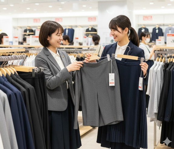 ユニクロのような量販店で、女子学生二人がセットアップのパンツとスカートを見比べながら相談している。背景にはカジュアルなビジネスウェアが並ぶ。