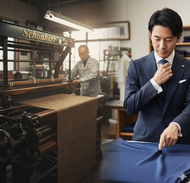 ションヘル織機でゆっくりと生地が織られている工場風景と、オーダースーツ店のカウンターで高級生地の質感を確認する日本人男性。