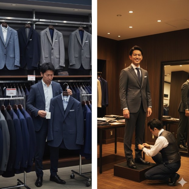 既製服スーツ売り場でサイズが合わないスーツを手に取り悩む男性と、オーダースーツ店でプロのフィッターに採寸してもらい満足げな笑顔の男性の比較。