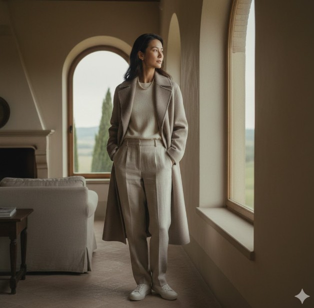 ブルネロクチネリらしいベージュのカシミヤコートとパンツのセットアップを着用し、窓の外を眺める女性。
