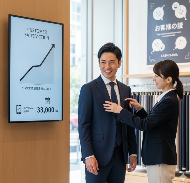 カシヤマの店舗で、笑顔の日本人フィッターが顧客のスーツのフィット感を調整している様子。背景には顧客満足度を示すデジタルサイネージと「お客様の声」のポスターが見える。