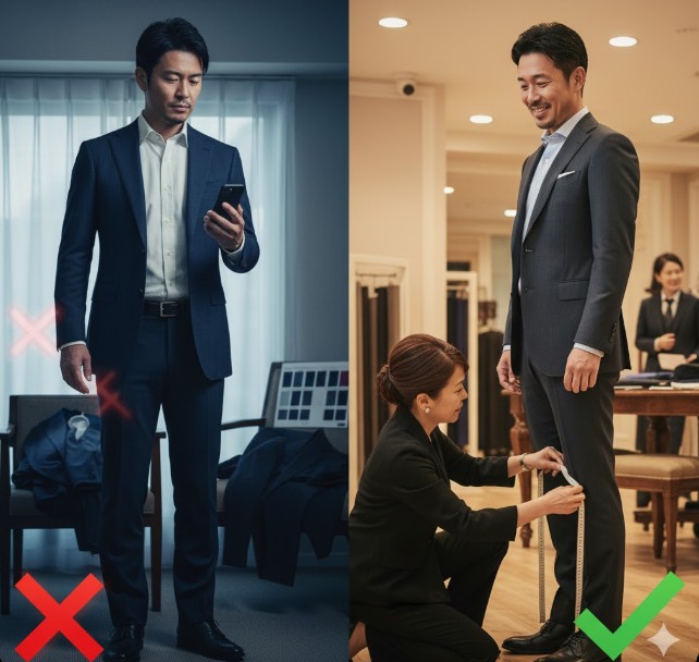 自宅で通販スーツを試着し、サイズが合わず不満げな男性と、オーダースーツ店でプロのフィッターに採寸してもらい満足そうな男性の対比。