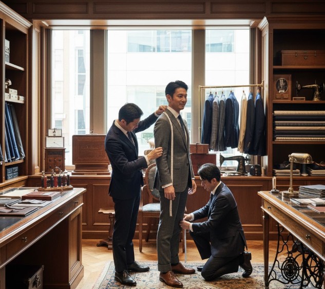 ポールスミスのMTMサービスで、専門のテイラーが顧客（日本人男性）の身体を精密に採寸している様子。