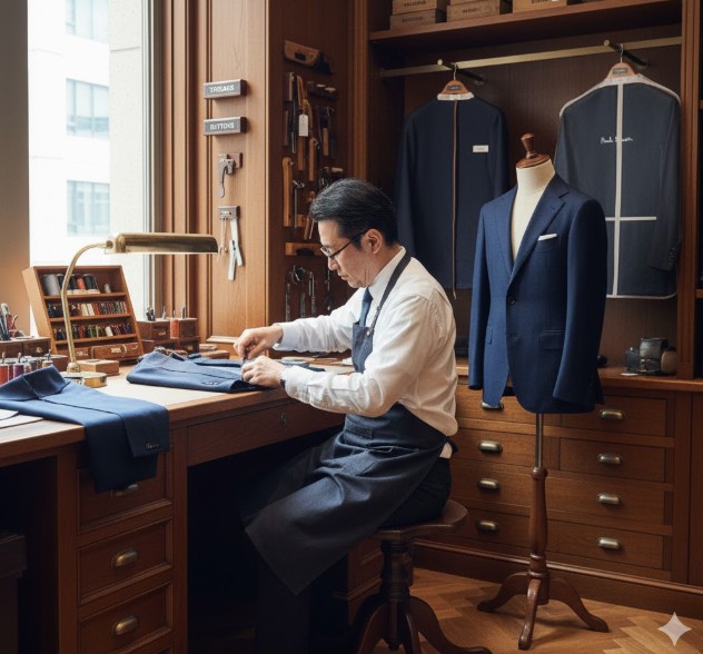 購入後のアフターケアサービスを象徴する、専門家が丁寧にスーツのメンテナンス(修理・点検)を行っている様子。