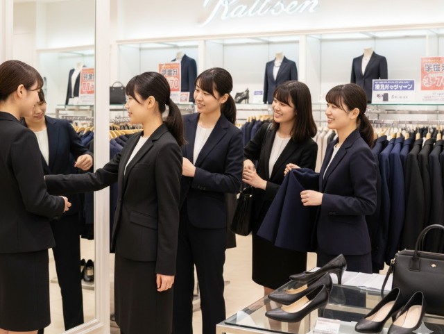スーツ専門店で就活スーツを試着し、店員からアドバイスを受ける女子学生たち。複数のスーツが陳列され、店内は明るく活気がある様子。
