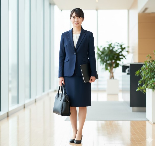 ネイビーの就活スーツを着用し、バッグとファイルを手に笑顔で立つ女子学生。明るくモダンなオフィスビルを背景に、自信に満ちた印象を与えている。