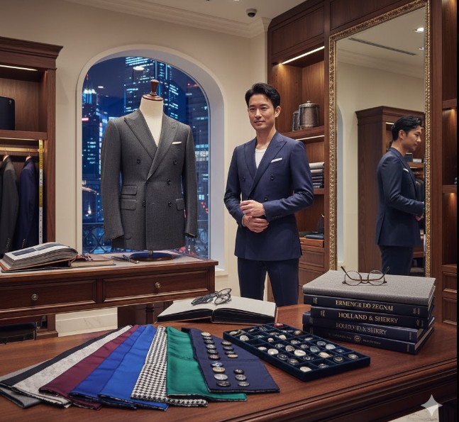 高級ブティックにディスプレイされたジョルジオ・アルマーニの最高級オーダースーツ