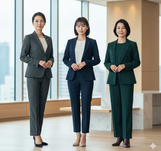 異なる丈とスタイルのレディーススーツを着用した3人の日本人女性が、明るいモダンなオフィス空間に立っている。