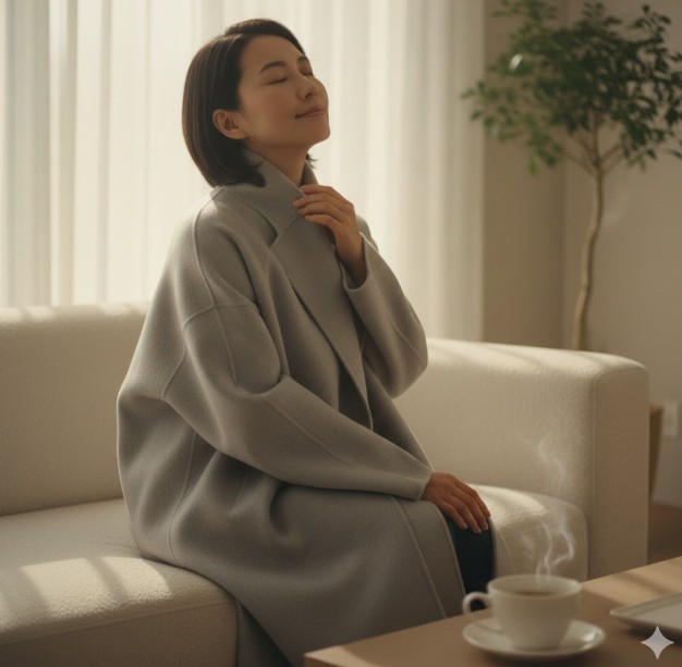 自宅のリビングでロロピアーナのような上質で柔らかなライトグレーのカシミヤコートを着用し、心地よさに目を閉じている女性。