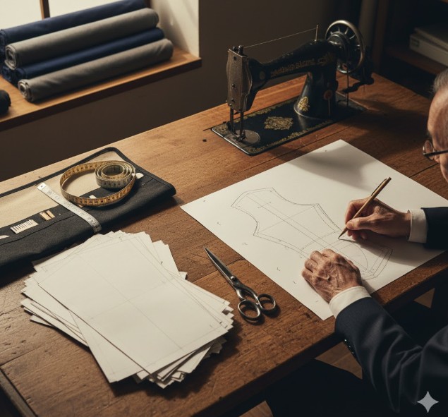 メイドトゥメジャー(既存の型紙)とビスポーク(ゼロから型紙を作成)のプロセスの違いを象徴する、テーラーのアトリエの作業台。