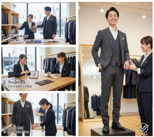 オーダースーツの来店から採寸、デザイン決定、そして完成したスーツを試着し満足するまでの一連のプロセスをステップごとに示したコラージュ画像。