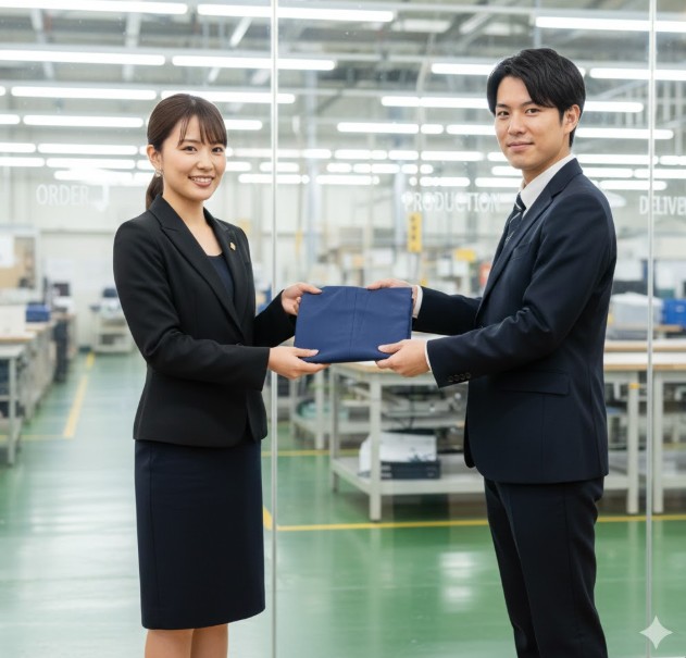 ガラス張りの工場を背景に、スーツを手に持つ日本の男女ビジネスパーソン。ガラスには「工場直送 最短1週間」と、オーダーから配送までのプロセスがフローチャートで示されている。