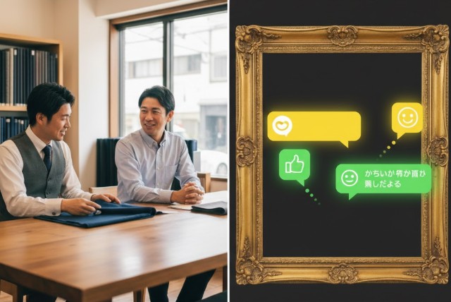 オーダースーツ店で生地サンプルを見ながら笑顔で談笑する日本人男性の顧客と店員、そして彼らの会話を表す吹き出しと高評価のSNS投稿を模したデジタルアイコン。