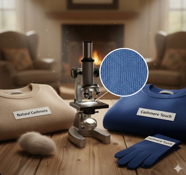 天然カシミヤとカシミヤタッチ（アクリル/ポリエステル）の素材感の違いを比較した画像。高級感のあるカシミヤと、発色の良いカシミヤタッチ製品。
