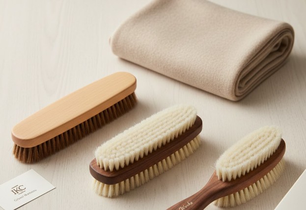 明るい木目のテーブルの上に置かれた、数種類の高品質な馬毛洋服ブラシと、たたまれたカシミヤ生地。