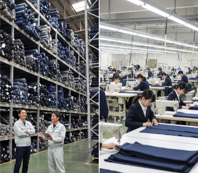 大量の生地反物が積まれた倉庫で話す日本人男性二人と、多くの従業員がミシンでスーツを縫製している工場内の様子。