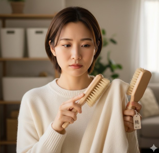 無印良品のようなシンプルなブナ材の洋服ブラシをカシミヤの白いセーターに当てて、その毛質と素材の相性を真剣に比較検討している日本人女性。