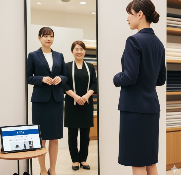 オーダースーツSADAの店舗で、女性スタッフが顧客の女性にスーツの採寸を説明している様子。