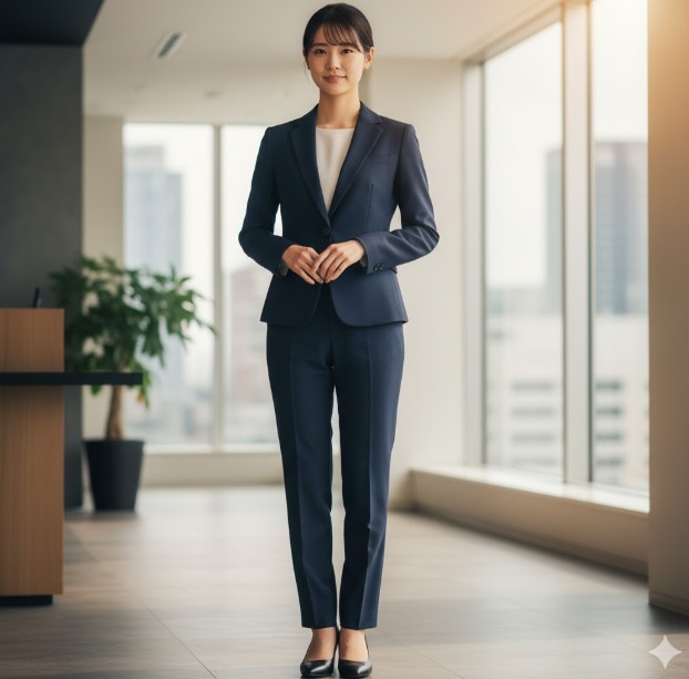 窓から光が差し込む明るいオフィスで、ネイビーのオーダースーツを着用し、自信に満ちた笑顔で立つ若い日本人女性