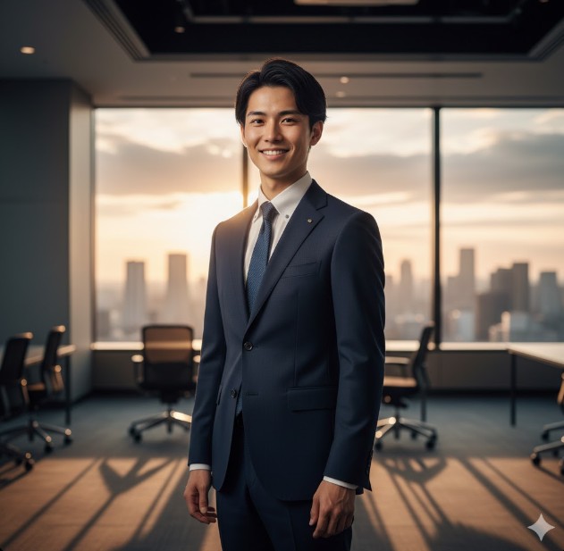 夕日が差し込む高層オフィスの窓を背景に、ネイビーのオーダースーツを着用し、自信を持って立つ日本人男性