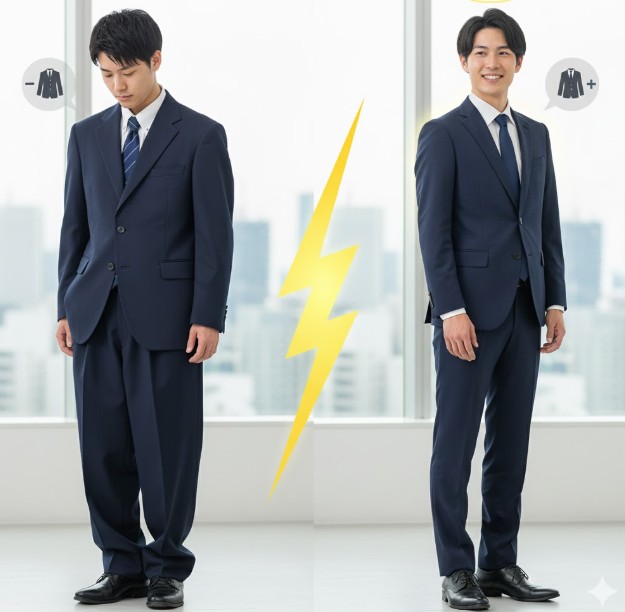 左右に並んだ二人の日本人男性。左は体に合わないダボダボのスーツを着て残念そうな表情、右は体にフィットしたスタイリッシュなスーツを着て笑顔。間に雷のマークがあり、オーダースーツSADAでの失敗と成功を対比