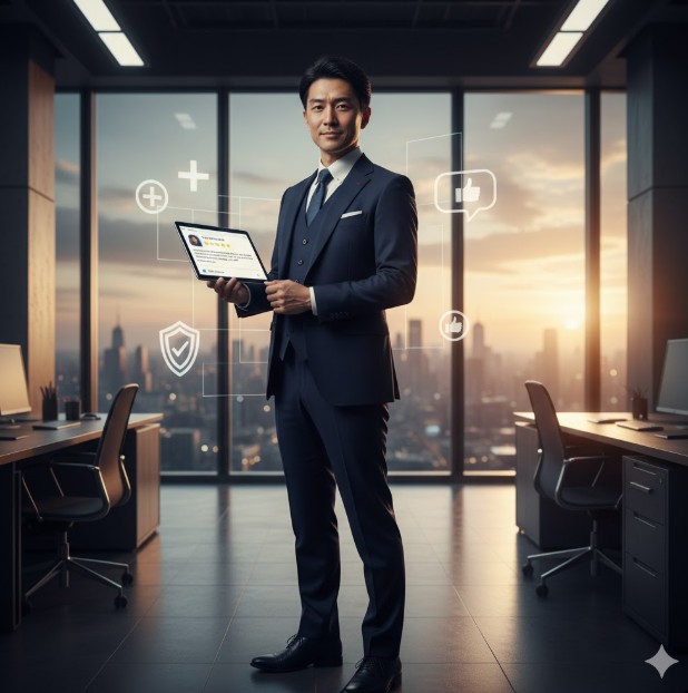 オープンなオフィス空間でノートパソコンを持ち、満足げに微笑むビジネスマン。画面にはオーダースーツSADAのレビューが表示され、その周囲にはプラス評価や保証のアイコンが浮かんでいる。