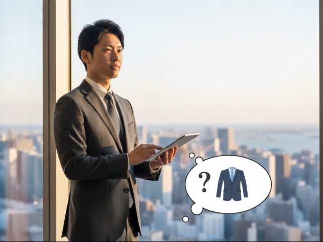 窓際に立つビジネスマンと、疑問符付きのスーツのアイコン